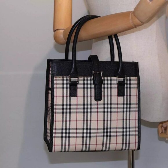 BURBERRY Nova Check Hand Bag Canvas Beige Black Auth - Picture 1 of 16